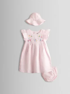 JoJo Maman Bébé Pink Bunny Embroidered Baby Dress, Knicker & Hat Set