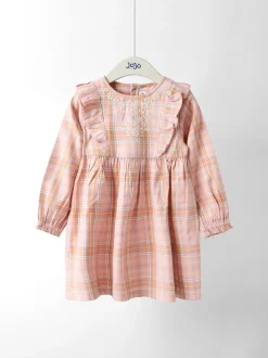 JoJo Maman Bébé Pink Check Frill Sleeve Embroidered Dress