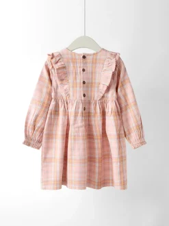 JoJo Maman Bébé Pink Check Frill Sleeve Embroidered Dress