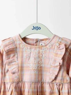 JoJo Maman Bébé Pink Check Frill Sleeve Embroidered Dress