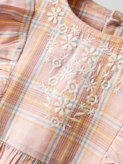 JoJo Maman Bébé Pink Check Frill Sleeve Embroidered Dress