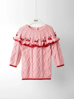 JoJo Maman Bébé Pink Cherry Embroidered Cable Frill Knitted Dress