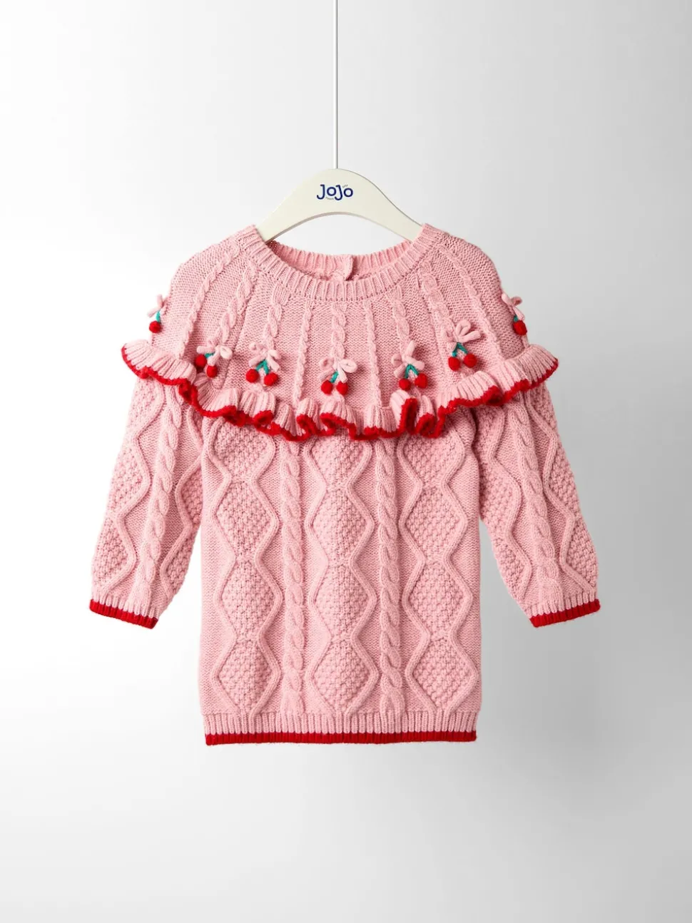 JoJo Maman Bébé Pink Cherry Embroidered Cable Frill Knitted Dress