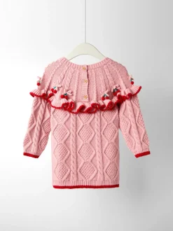 JoJo Maman Bébé Pink Cherry Embroidered Cable Frill Knitted Dress