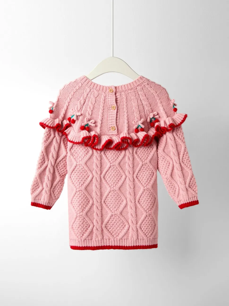 JoJo Maman Bébé Pink Cherry Embroidered Cable Frill Knitted Dress