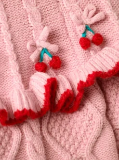 JoJo Maman Bébé Pink Cherry Embroidered Cable Frill Knitted Dress
