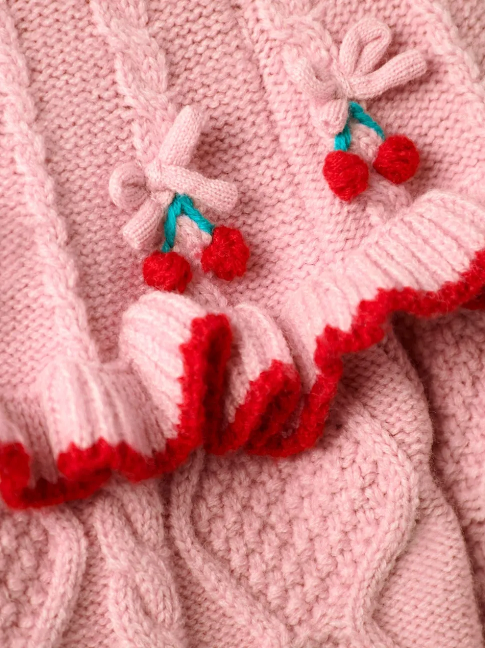 JoJo Maman Bébé Pink Cherry Embroidered Cable Frill Knitted Dress