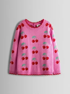 JoJo Maman Bébé Pink Cherry Intarsia Scallop Edge Jumper