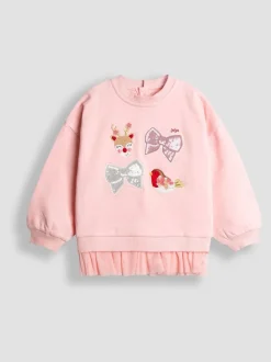 JoJo Maman Bébé Pink Christmas Characters & Bows Appliqué Tulle Frill Sweatshirt