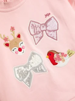 JoJo Maman Bébé Pink Christmas Characters & Bows Appliqué Tulle Frill Sweatshirt