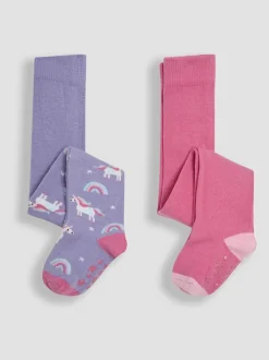 JoJo Maman Bébé Pink Cotton Rich Unicorn Tights 2 Pack