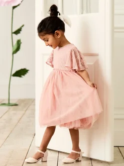 JoJo Maman Bébé Pink Embroidered Lace Scallop Sleeve Flower Print Girl Dress