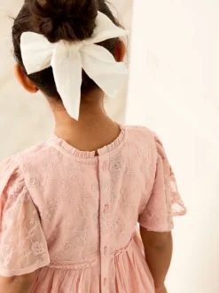 JoJo Maman Bébé Pink Embroidered Lace Scallop Sleeve Flower Print Girl Dress