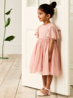 JoJo Maman Bébé Pink Embroidered Lace Scallop Sleeve Flower Print Girl Dress