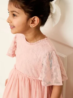 JoJo Maman Bébé Pink Embroidered Lace Scallop Sleeve Flower Print Girl Dress