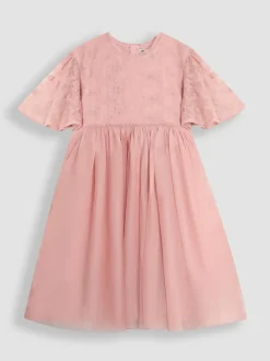 JoJo Maman Bébé Pink Embroidered Lace Scallop Sleeve Flower Print Girl Dress