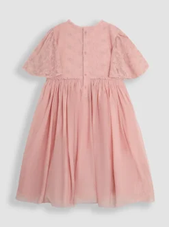 JoJo Maman Bébé Pink Embroidered Lace Scallop Sleeve Flower Print Girl Dress