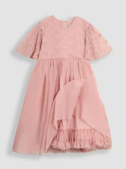 JoJo Maman Bébé Pink Embroidered Lace Scallop Sleeve Flower Print Girl Dress