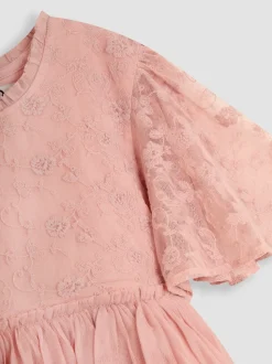 JoJo Maman Bébé Pink Embroidered Lace Scallop Sleeve Flower Print Girl Dress
