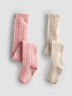 JoJo Maman Bébé Pink 2-Pack Cotton Rich Cable Tights