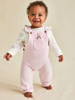 JoJo Maman Bébé Pink Peter Rabbit Appliqué Velour Dungarees and Body Set