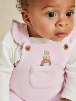 JoJo Maman Bébé Pink Peter Rabbit Appliqué Velour Dungarees and Body Set