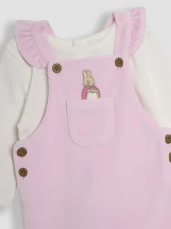 JoJo Maman Bébé Pink Peter Rabbit Appliqué Velour Dungarees and Body Set