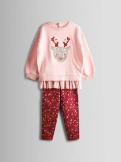 JoJo Maman Bébé Pink Reindeer Sequin Sweatshirt & Leggings Set
