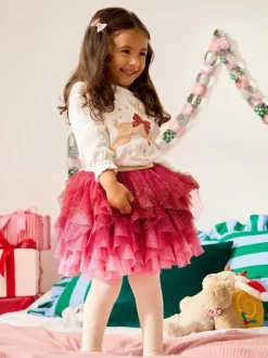 JoJo Maman Bébé Pink Reindeer Top & Tulle Skirt Set