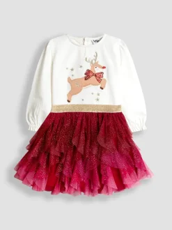 JoJo Maman Bébé Pink Reindeer Top & Tulle Skirt Set