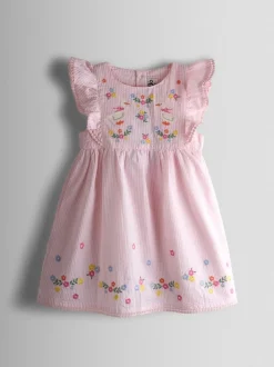JoJo Maman Bébé Pink Seersucker Duck Frill Shoulder Embroidered Dress
