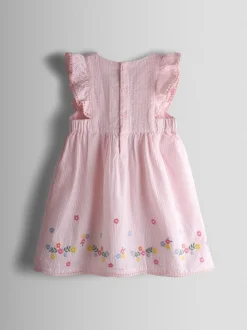 JoJo Maman Bébé Pink Seersucker Duck Frill Shoulder Embroidered Dress
