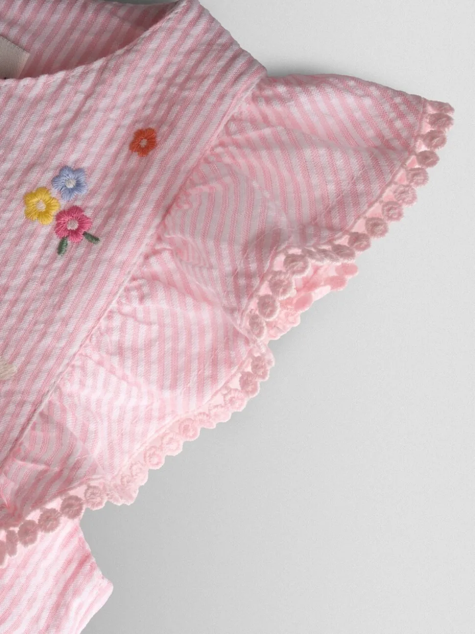 JoJo Maman Bébé Pink Seersucker Duck Frill Shoulder Embroidered Dress