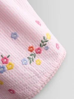 JoJo Maman Bébé Pink Seersucker Duck Frill Shoulder Embroidered Dress
