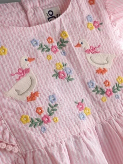 JoJo Maman Bébé Pink Seersucker Duck Frill Shoulder Embroidered Dress