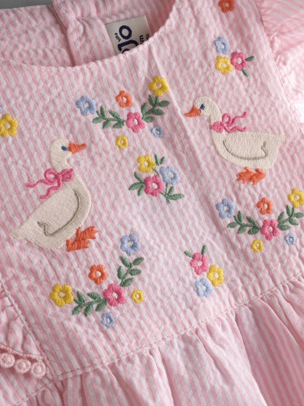 JoJo Maman Bébé Pink Seersucker Duck Frill Shoulder Embroidered Dress