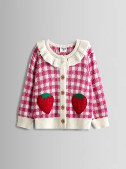 JoJo Maman Bébé Pink Strawberry Gingham Frill-Neck Appliqué Cardigan