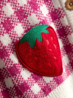 JoJo Maman Bébé Pink Strawberry Gingham Frill-Neck Appliqué Cardigan