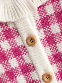 JoJo Maman Bébé Pink Strawberry Gingham Frill-Neck Appliqué Cardigan