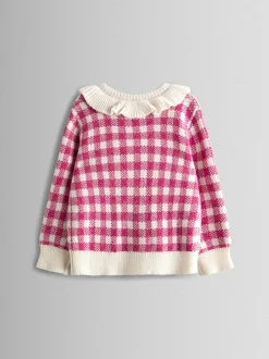 JoJo Maman Bébé Pink Strawberry Gingham Frill-Neck Appliqué Cardigan