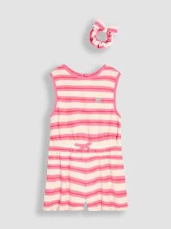 JoJo Maman Bébé Pink Stripe Towelling Sunsuit & Scrunchie