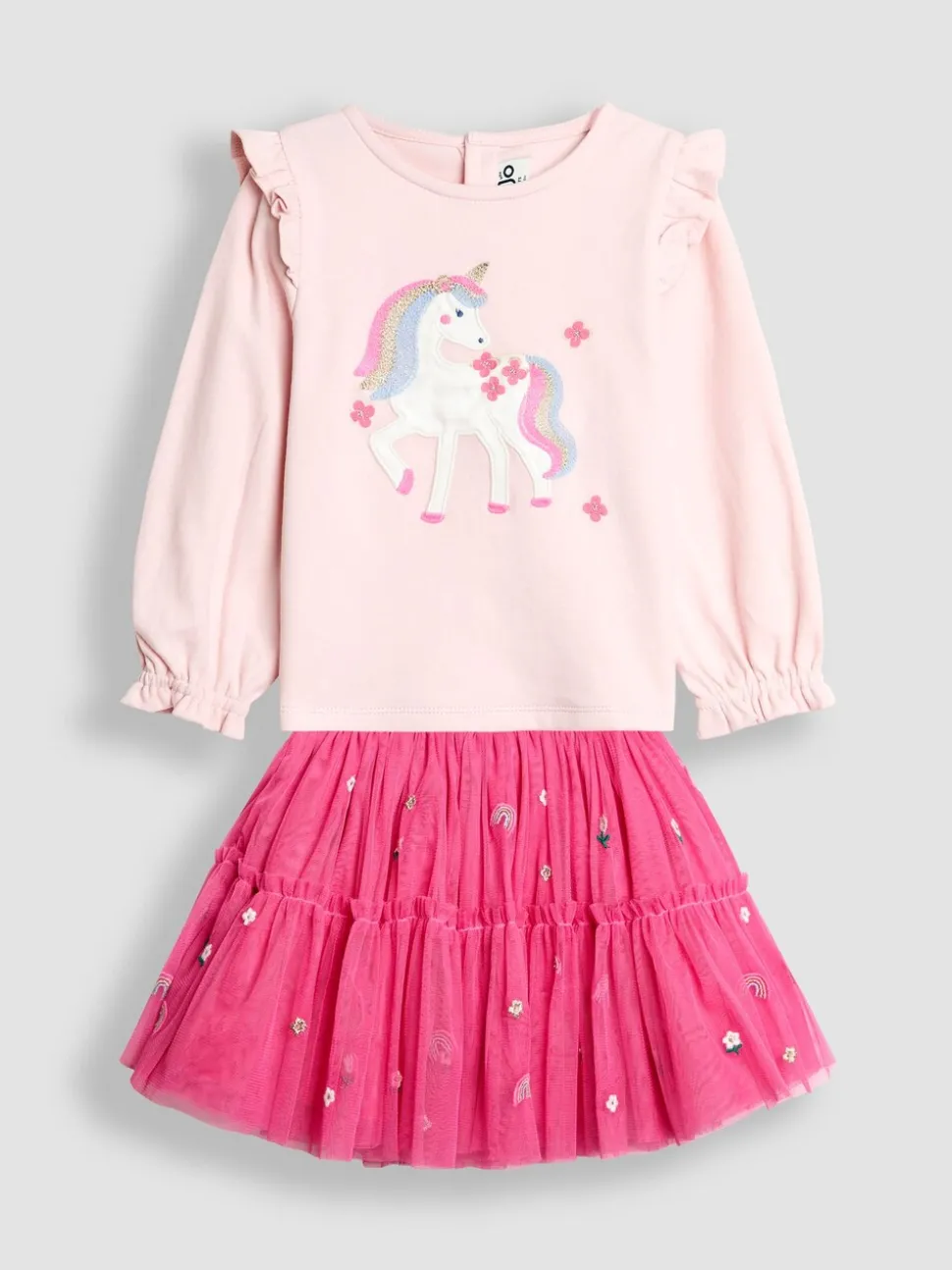 JoJo Maman Bébé Pink Unicorn Frill Sleeve Top & Tulle Skirt Set