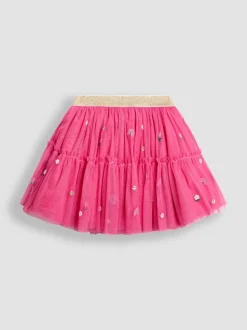 JoJo Maman Bébé Pink Unicorn Frill Sleeve Top & Tulle Skirt Set