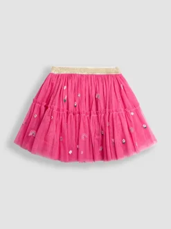 JoJo Maman Bébé Pink Unicorn Frill Sleeve Top & Tulle Skirt Set