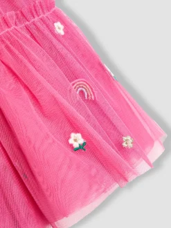 JoJo Maman Bébé Pink Unicorn Frill Sleeve Top & Tulle Skirt Set