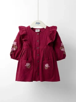 JoJo Maman Bébé Plum Cross Stitched Frill Sleeve Button Through Dress