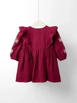 JoJo Maman Bébé Plum Cross Stitched Frill Sleeve Button Through Dress