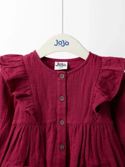 JoJo Maman Bébé Plum Cross Stitched Frill Sleeve Button Through Dress