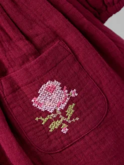 JoJo Maman Bébé Plum Cross Stitched Frill Sleeve Button Through Dress