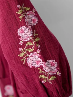 JoJo Maman Bébé Plum Cross Stitched Frill Sleeve Button Through Dress